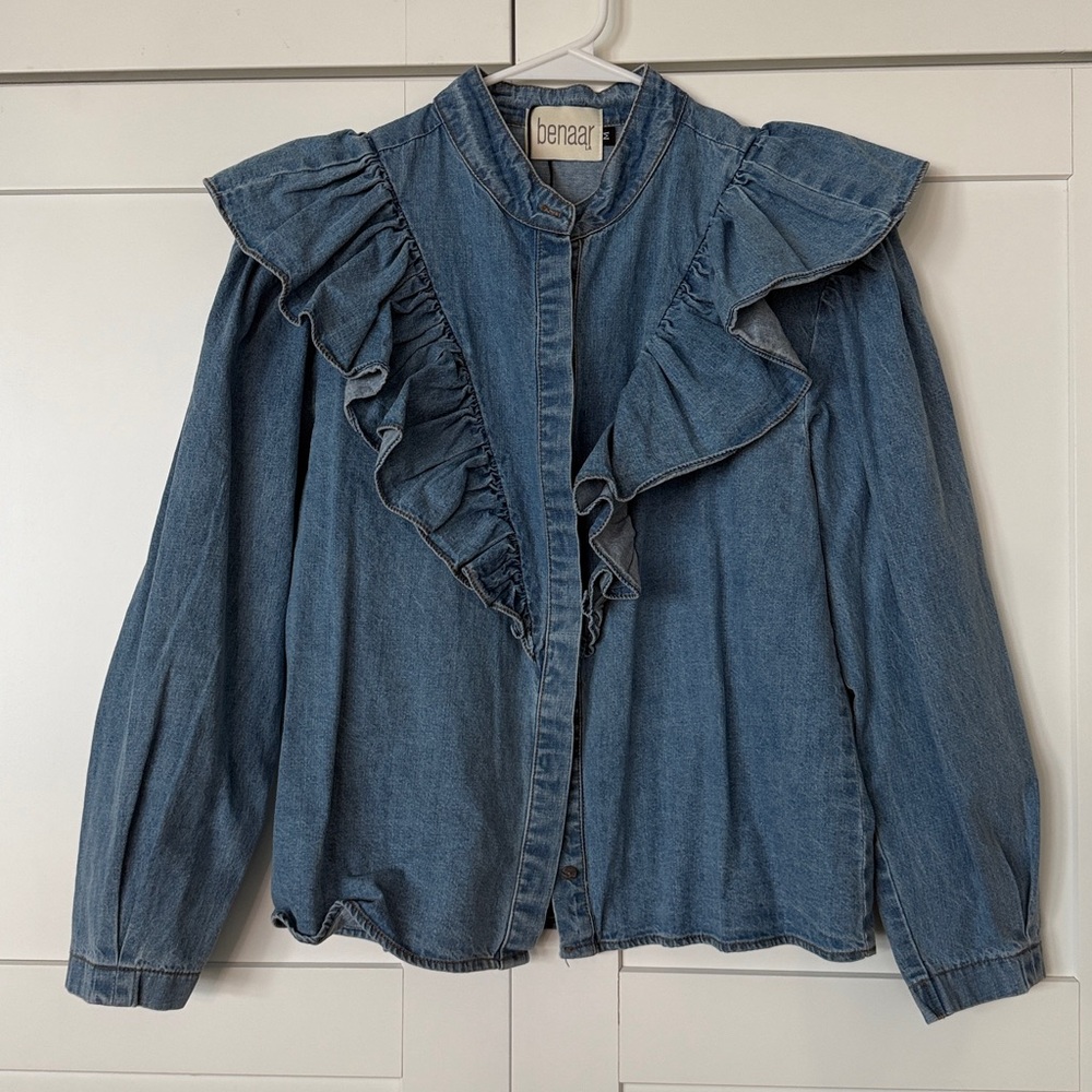 Women's Blue Ruffle Button Down Shirt
